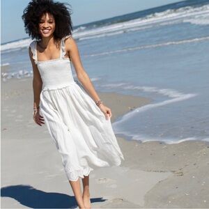 Natural Life Smocked Cotton Eyelet Midi Dress White Boho Bohemian Cottagecore